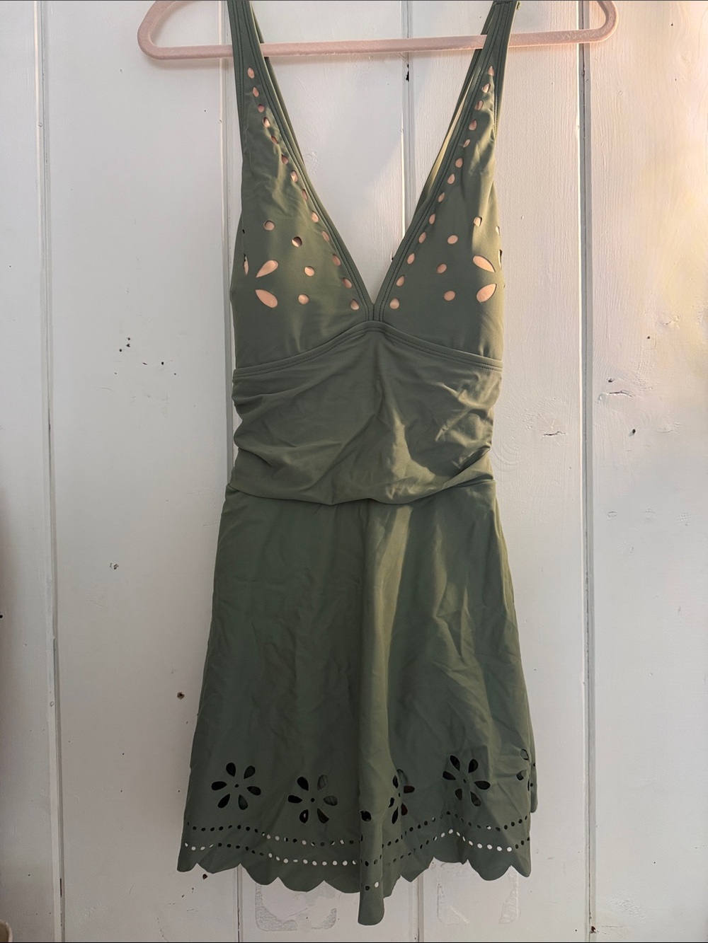 Olive Green One-Piece Swimdress with Laser-Cut Details